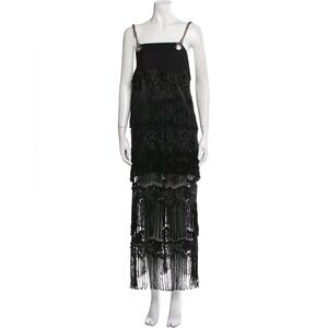Chain-Strap Black Fringe Midi Dress